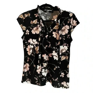 Karl Lagerfeld Vintage Floral Print Ruffle Standing Neck Self Tie Blouse Top S